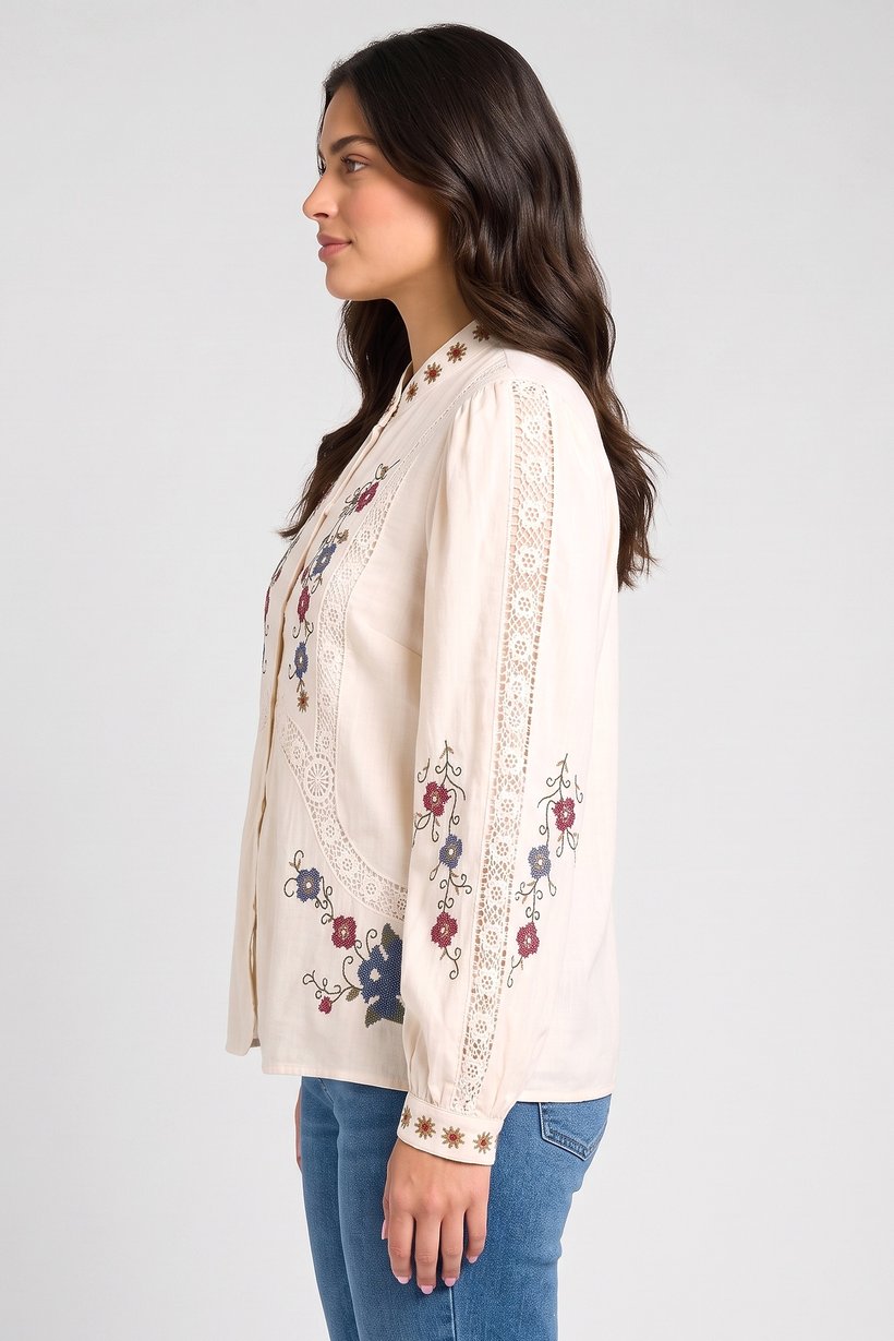 Women Mandarin Collar Long Sleeve Embroidered Blouse, Multicolor