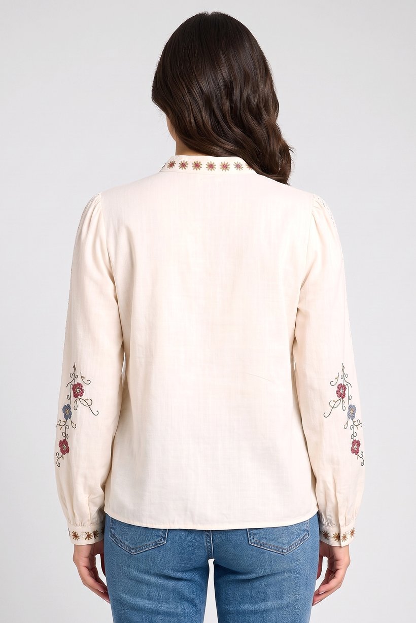 Women Mandarin Collar Long Sleeve Embroidered Blouse, Multicolor
