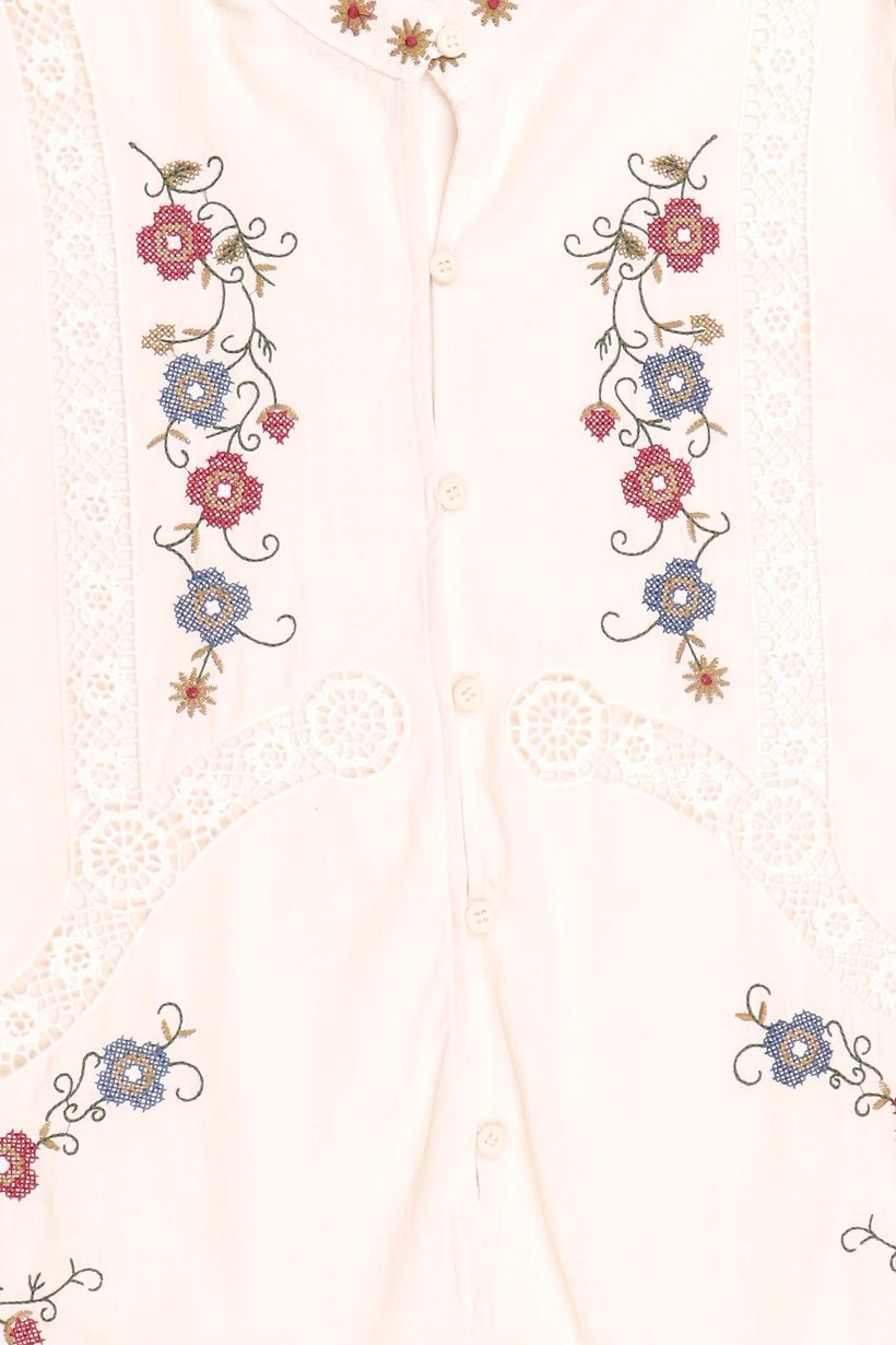 Women Mandarin Collar Long Sleeve Embroidered Blouse, Multicolor