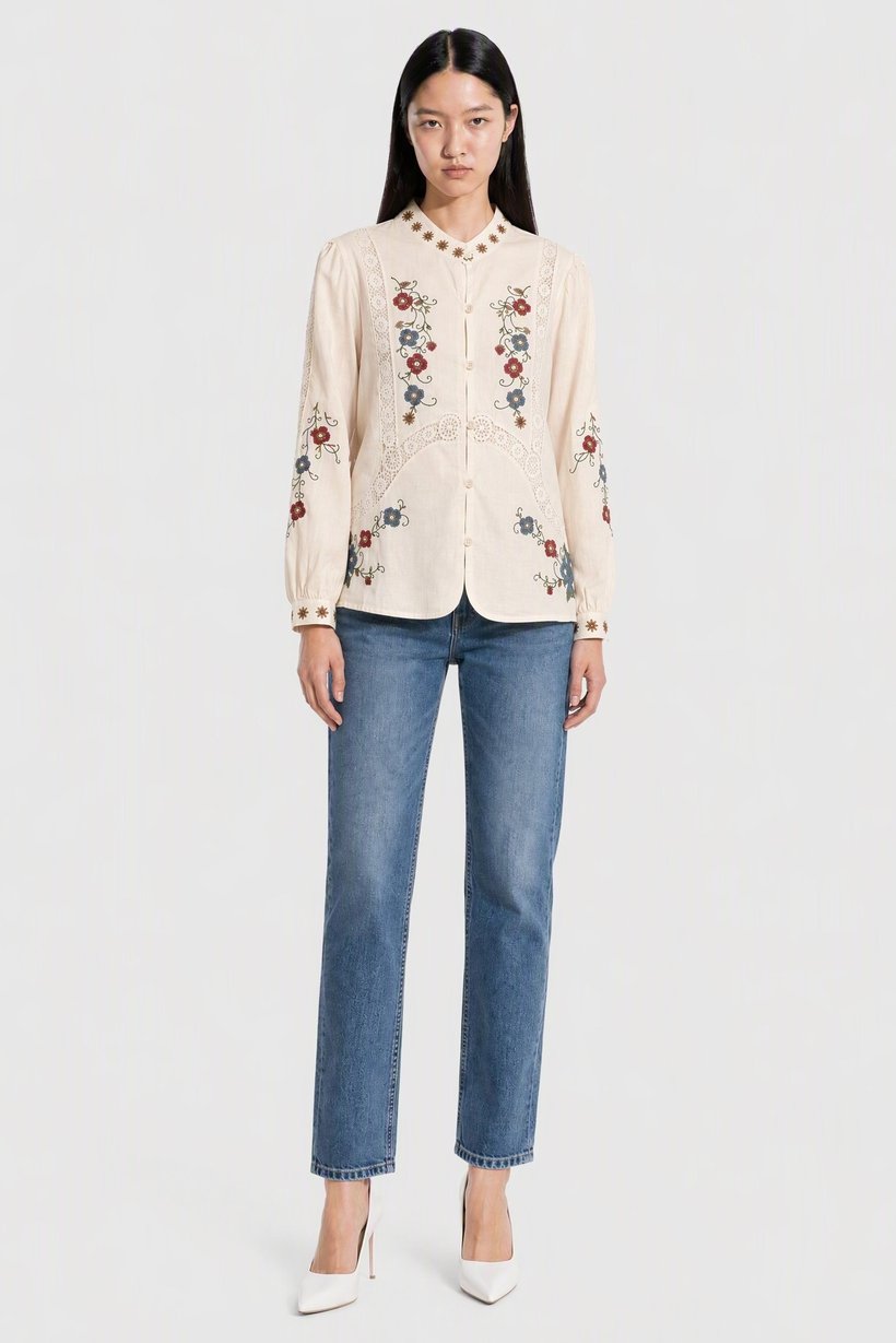 Women Mandarin Collar Long Sleeve Embroidered Blouse, Multicolor