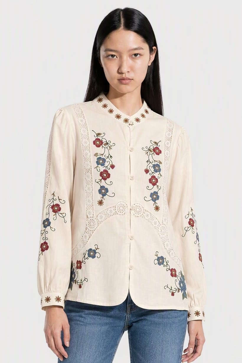 Women Mandarin Collar Long Sleeve Embroidered Blouse, Multicolor