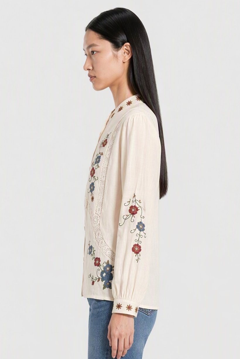 Women Mandarin Collar Long Sleeve Embroidered Blouse, Multicolor