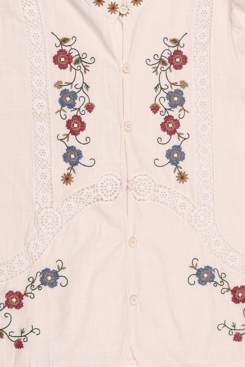 Women Mandarin Collar Long Sleeve Embroidered Blouse, Multicolor