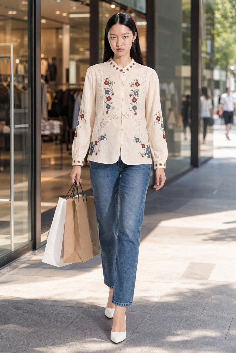 Women Mandarin Collar Long Sleeve Embroidered Blouse, Multicolor