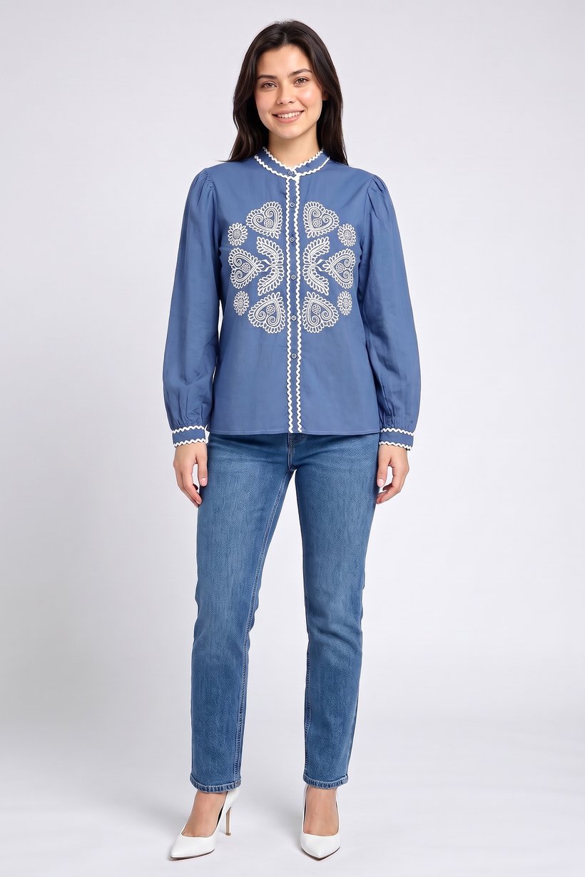 Women Crew Neck Embroidered Long Sleeve Shirt, Steel Blue