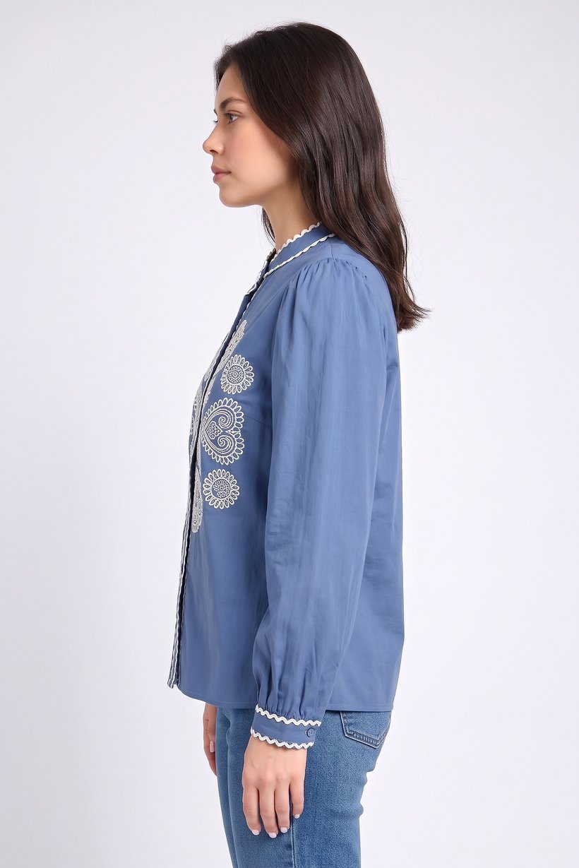 Women Crew Neck Embroidered Long Sleeve Shirt, Steel Blue
