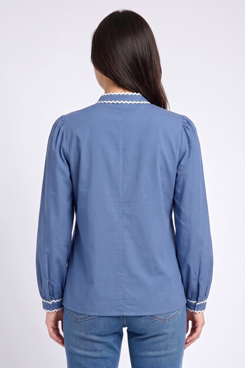 Women Crew Neck Embroidered Long Sleeve Shirt, Steel Blue
