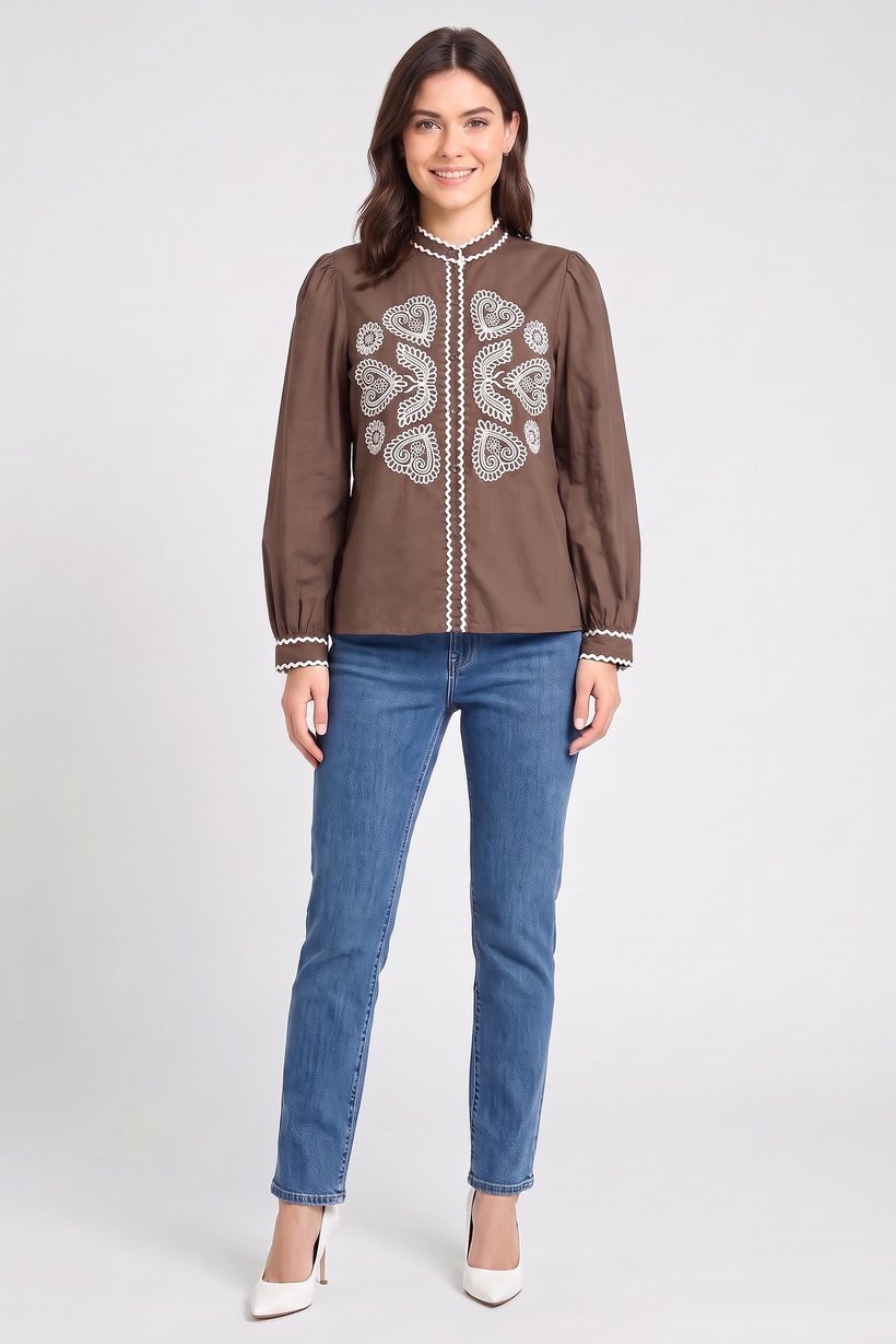 Women Mock Neck Long Sleeve Embroidered Shirt, Brown