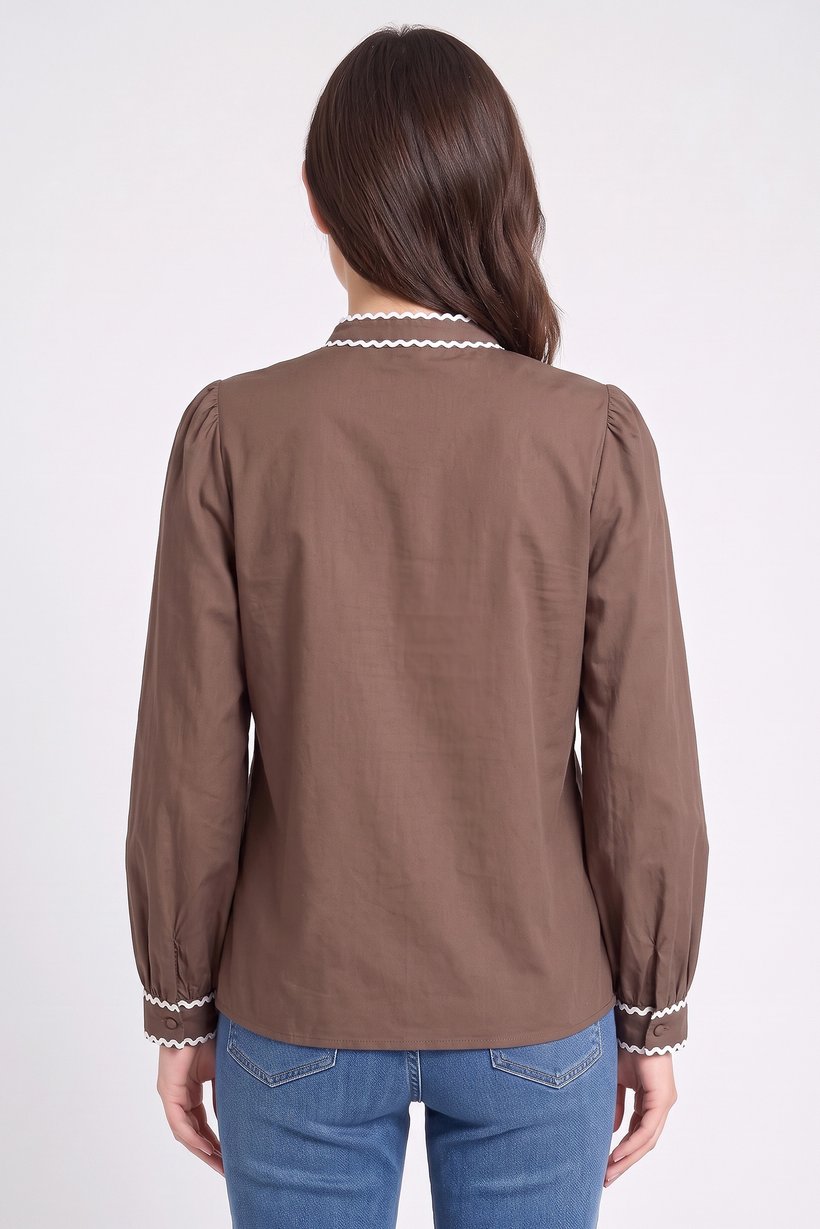 Women Mock Neck Long Sleeve Embroidered Shirt, Brown