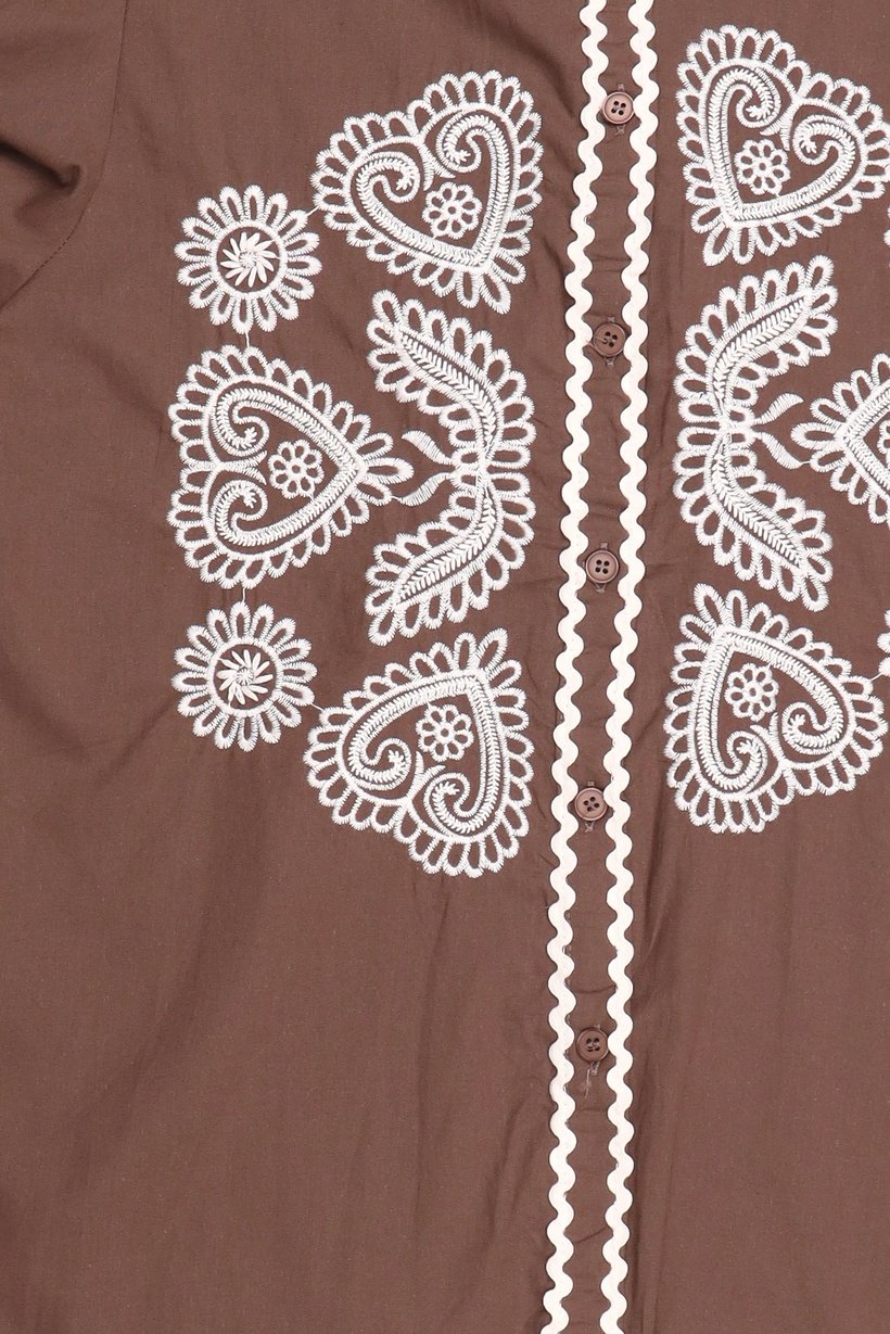 Women Mock Neck Long Sleeve Embroidered Shirt, Brown