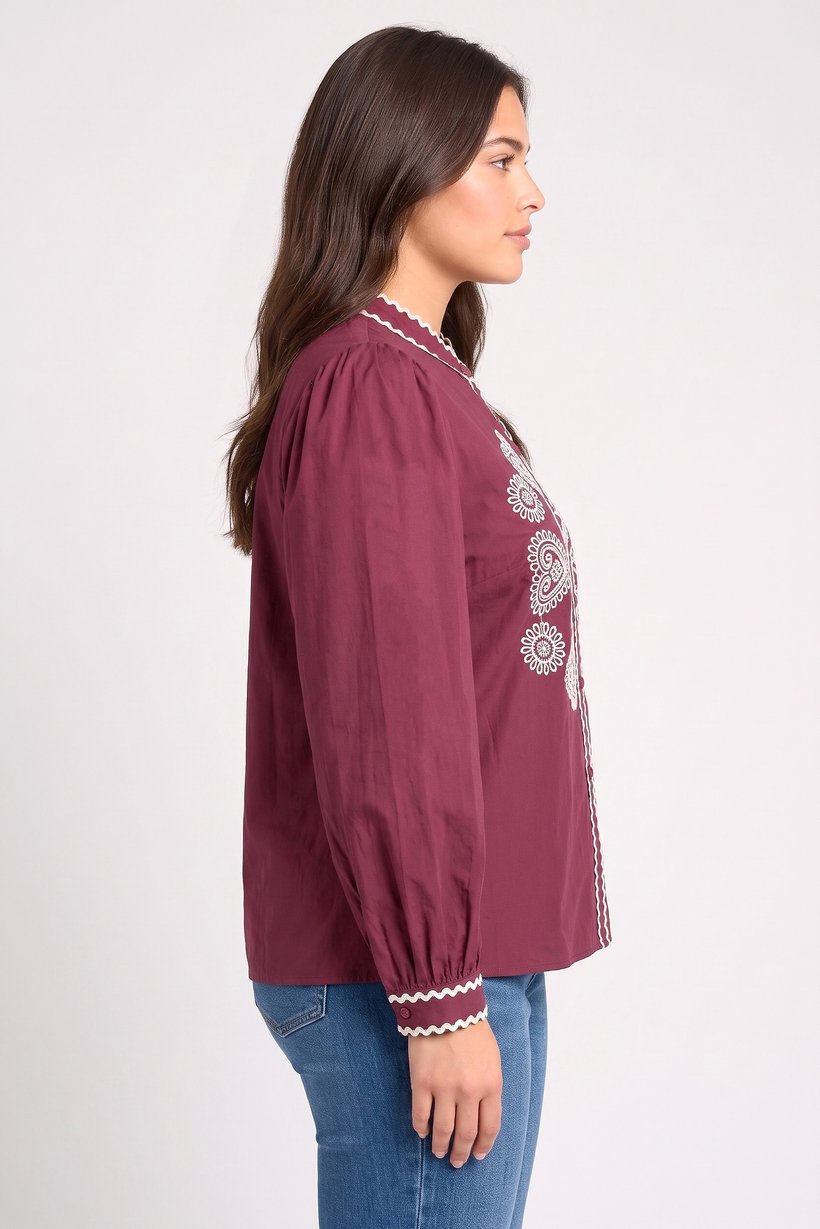 Women Band Collar Long Sleeve Embroidered Shirt, Burgundy