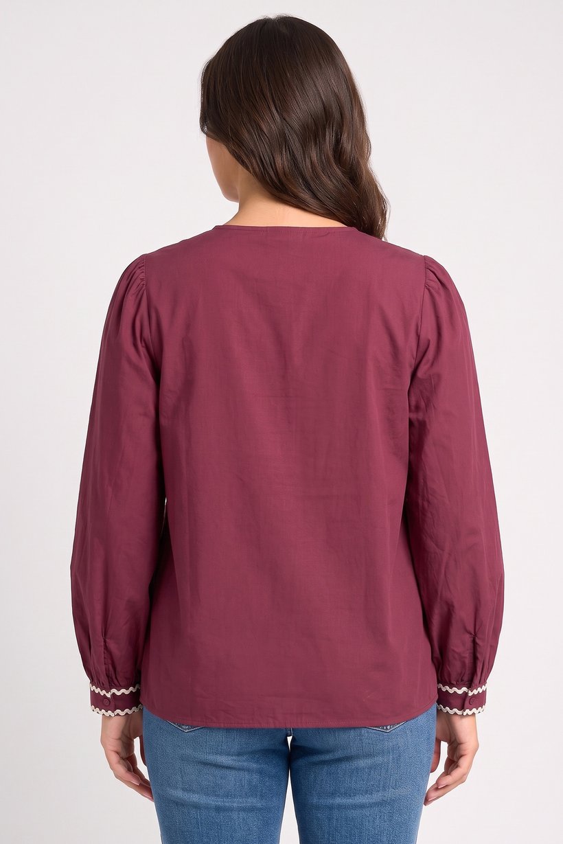 Women Band Collar Long Sleeve Embroidered Shirt, Burgundy