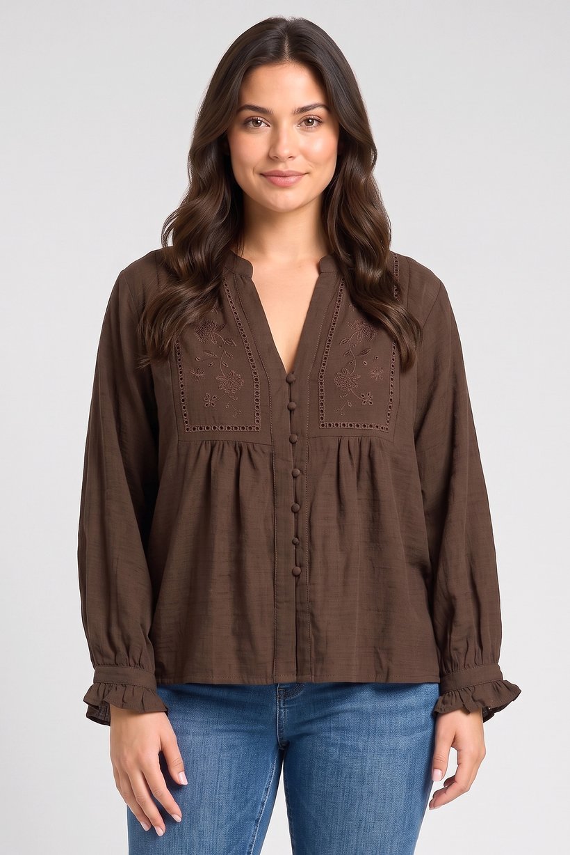 Women V-Neck Long Sleeve Embroidered Shirt,  Dark Brown