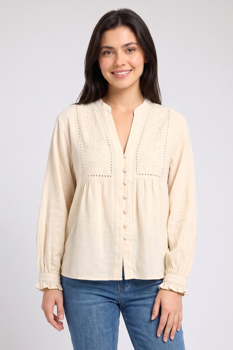 Women V-Neck Long Sleeve Embroidered Shirt, Beige