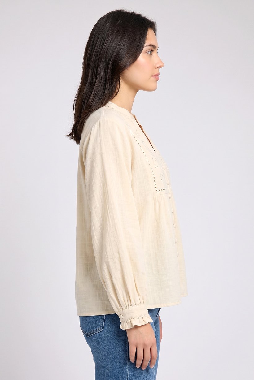 Women V-Neck Long Sleeve Embroidered Shirt, Beige