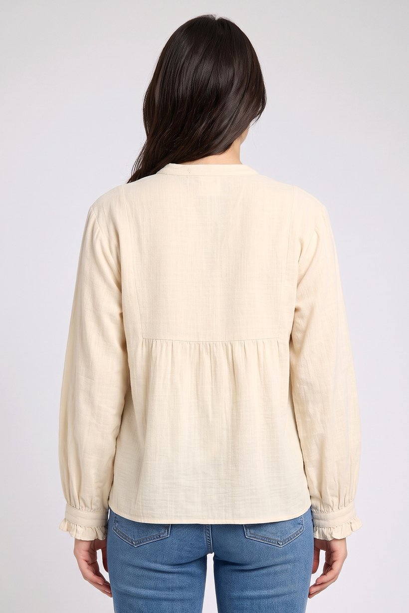 Women V-Neck Long Sleeve Embroidered Shirt, Beige