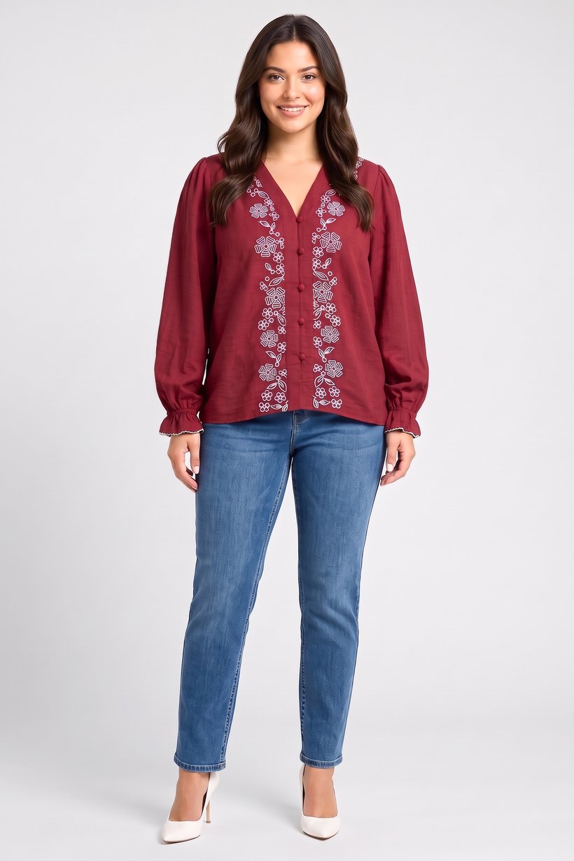 Women V-Neck Embroidered Long Sleeve Blouse, Maroon