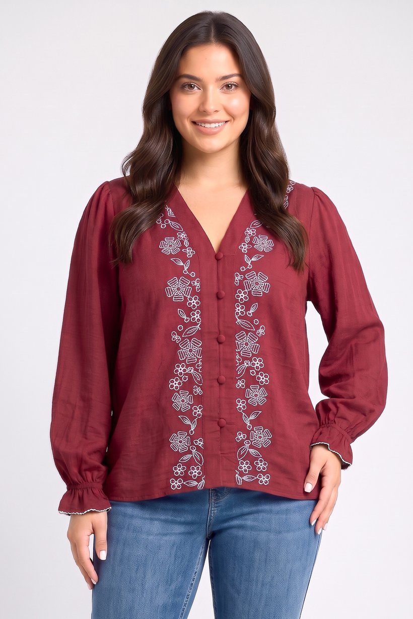 Women V-Neck Embroidered Long Sleeve Blouse, Maroon