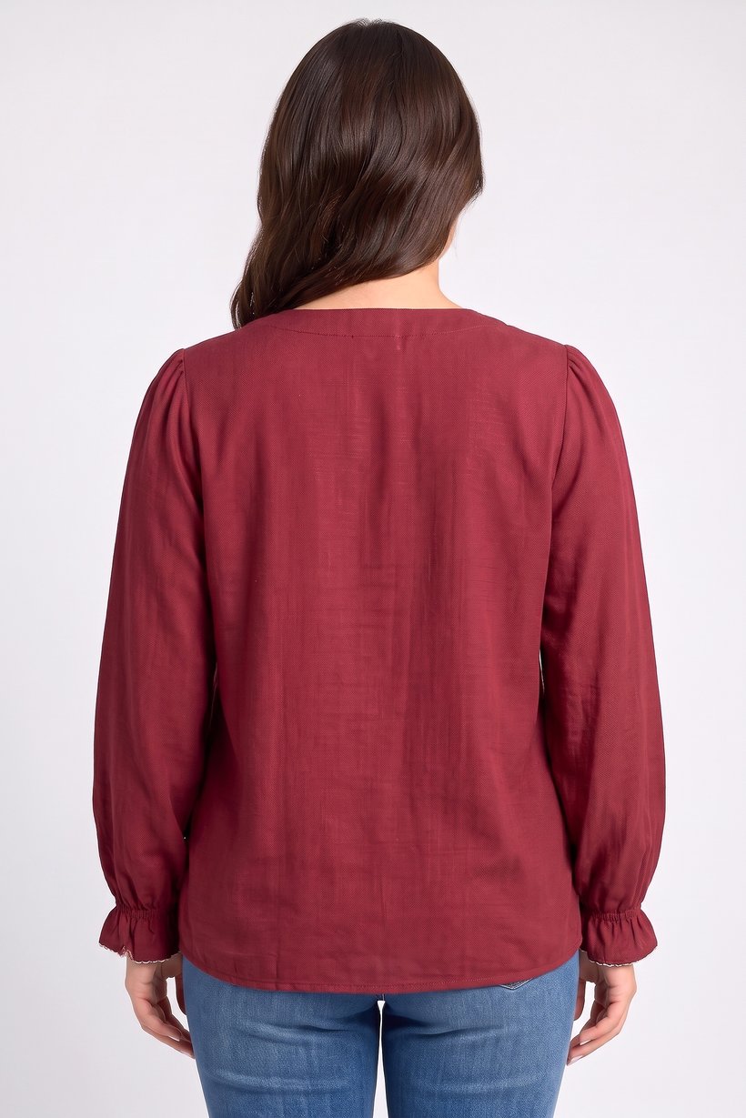 Women V-Neck Embroidered Long Sleeve Blouse, Maroon