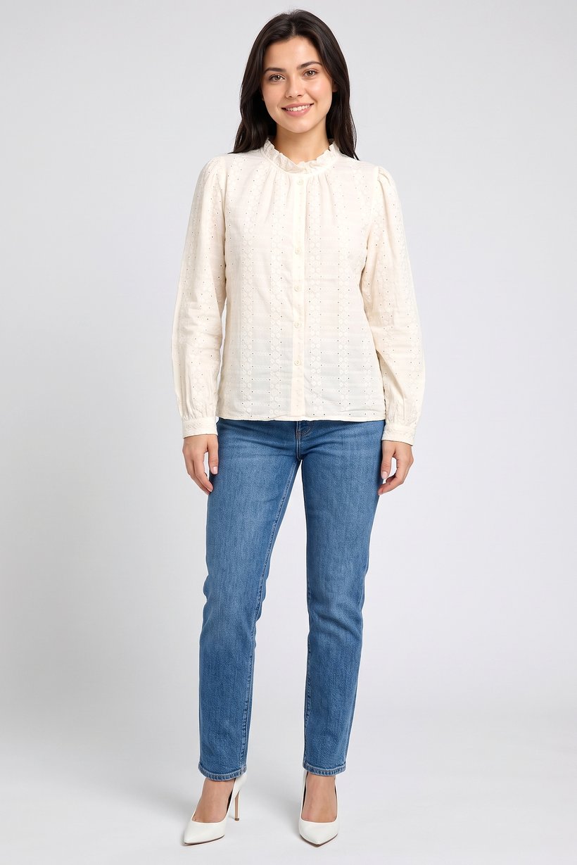 Women Ruffle Neck Long Sleeve Embroidered Blouse, Cream