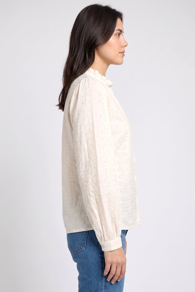 Women Ruffle Neck Long Sleeve Embroidered Blouse, Cream