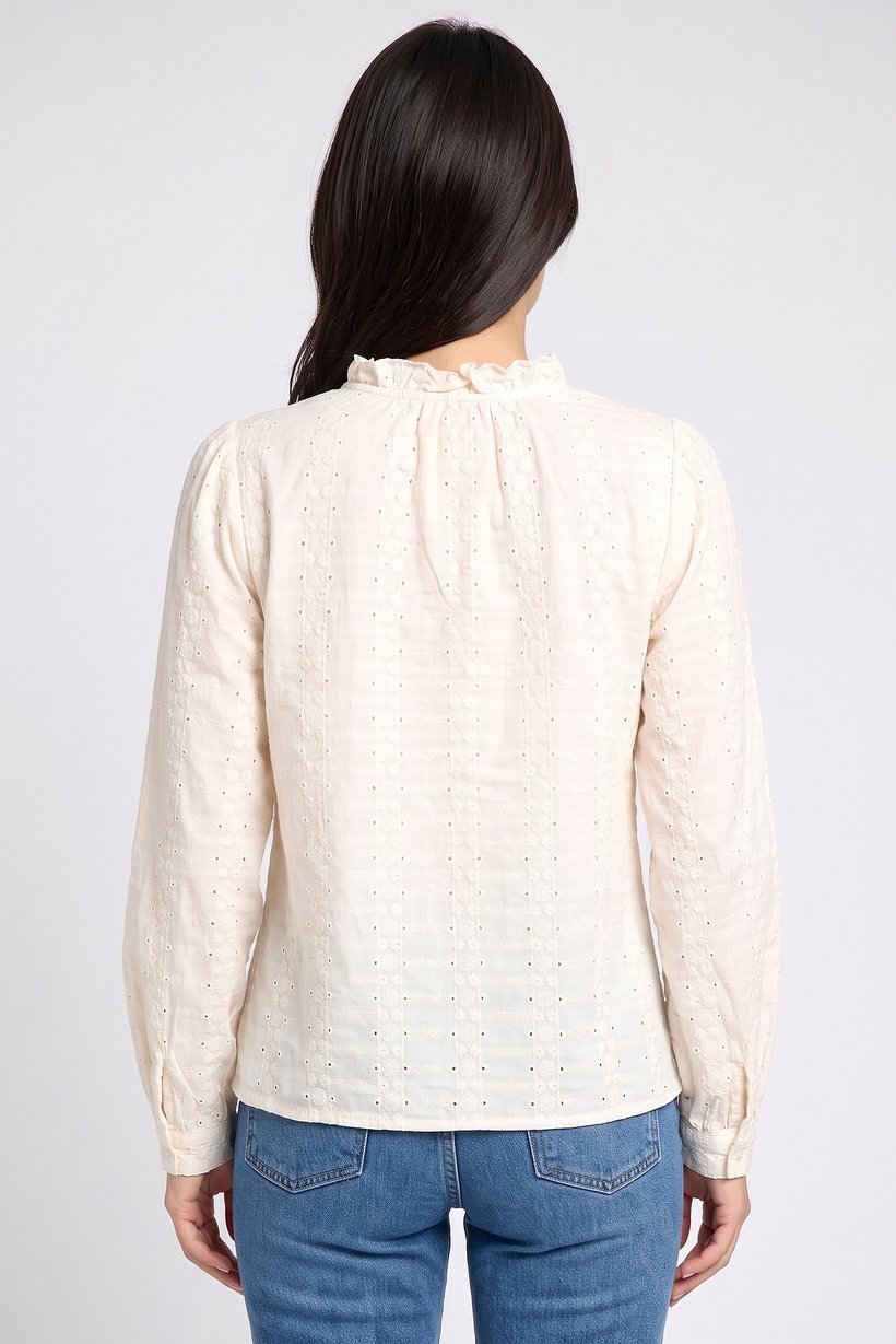 Women Ruffle Neck Long Sleeve Embroidered Blouse, Cream