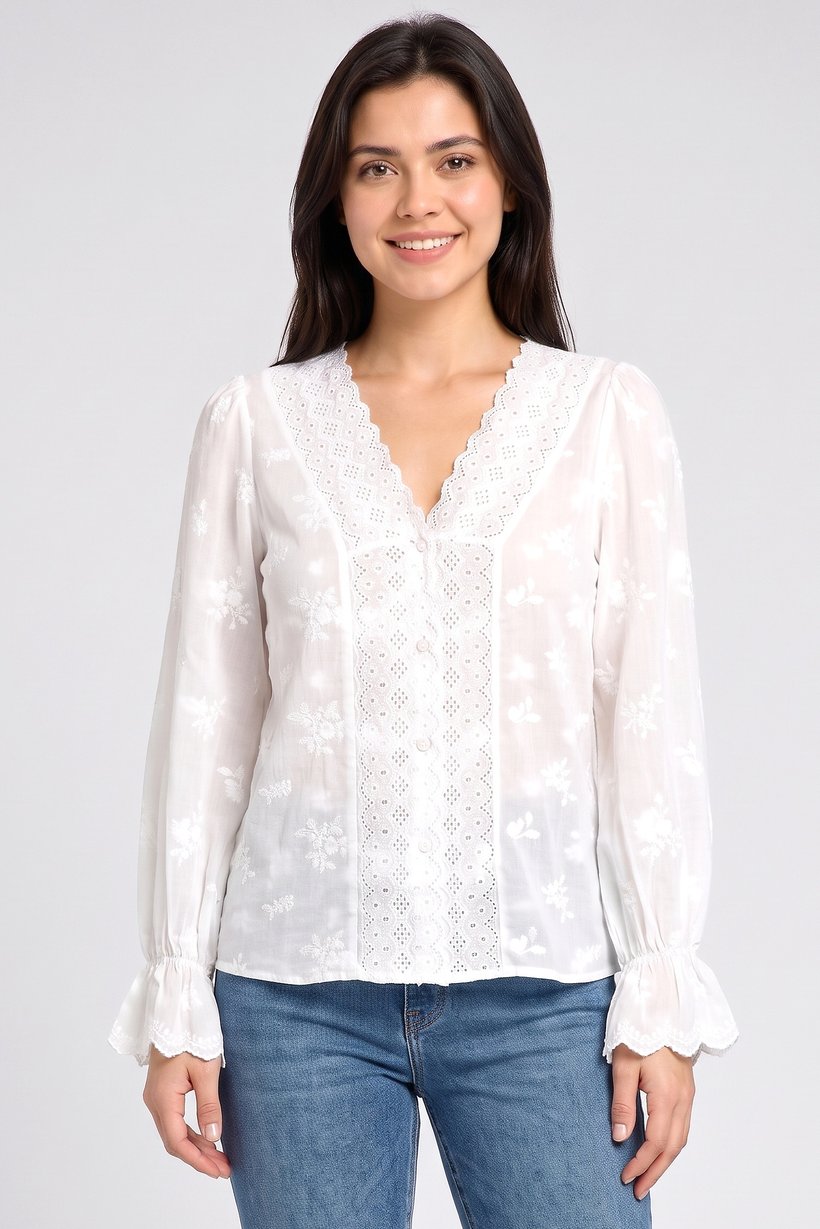 Women V-Neck Long Sleeve Embroidered Blouse, White