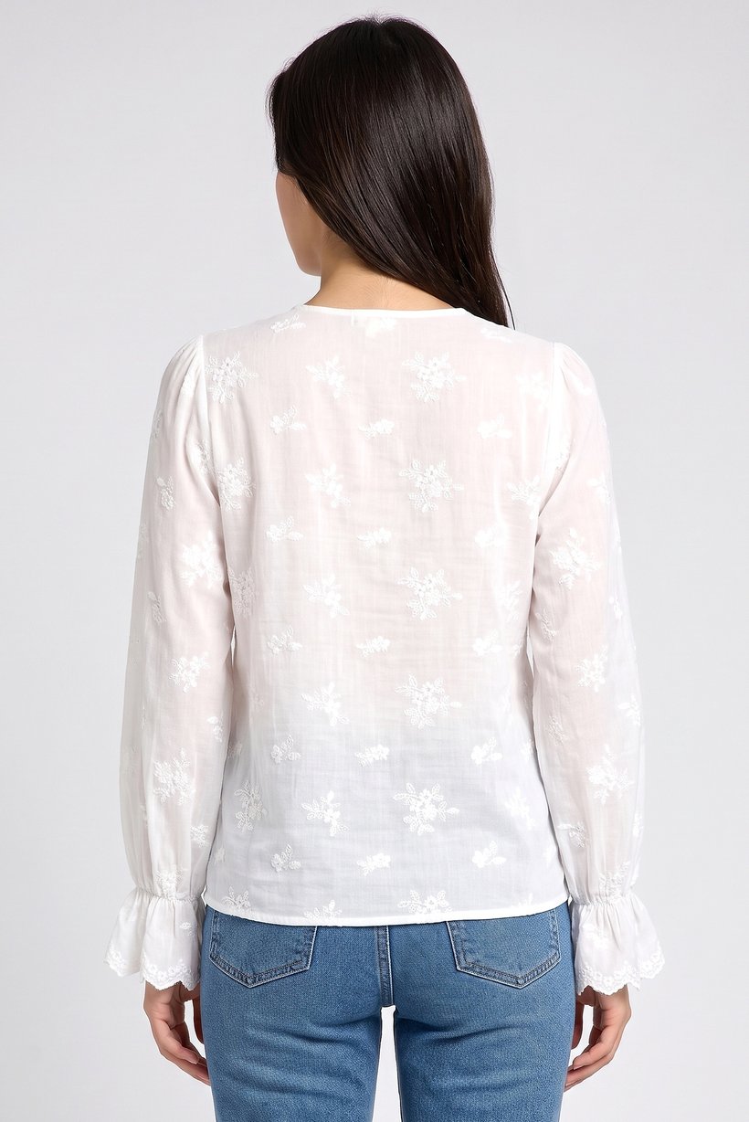 Women V-Neck Long Sleeve Embroidered Blouse, White