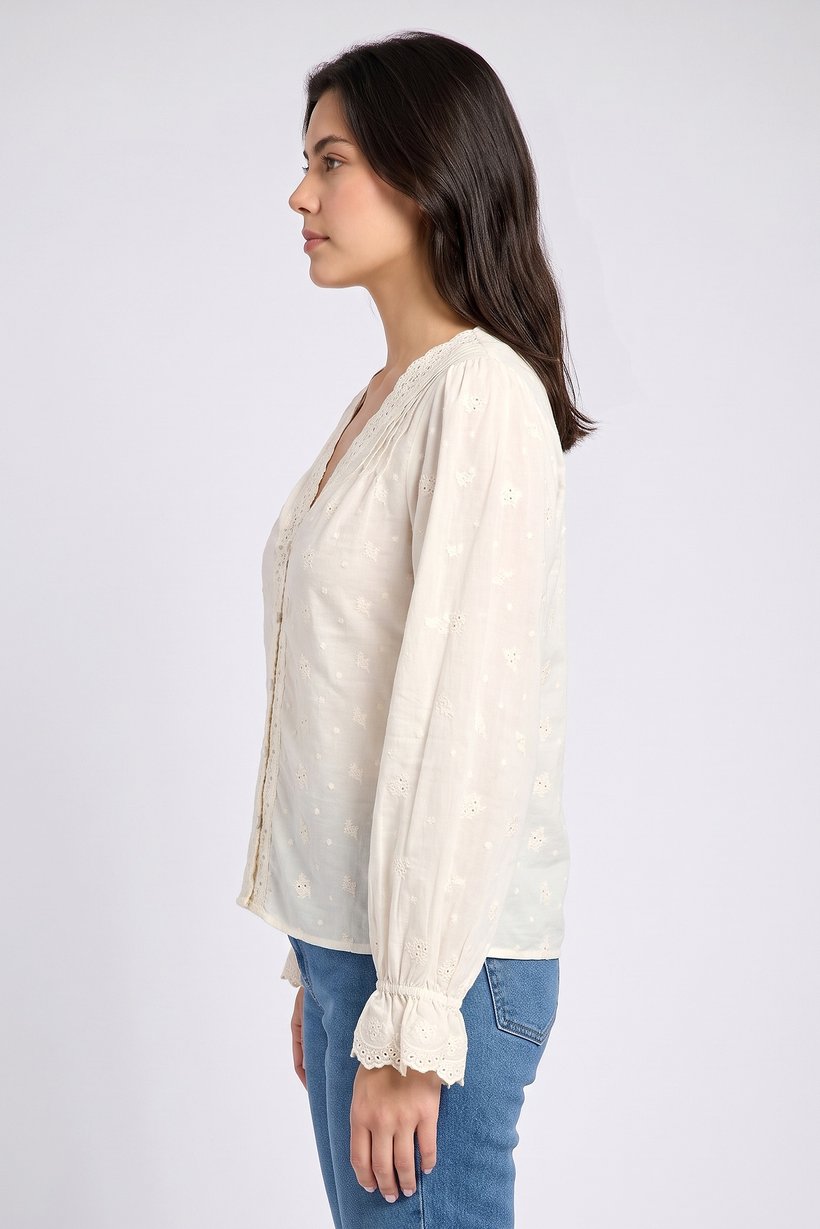 Women V-Neck Long Sleeve Textured Blouse, Cream