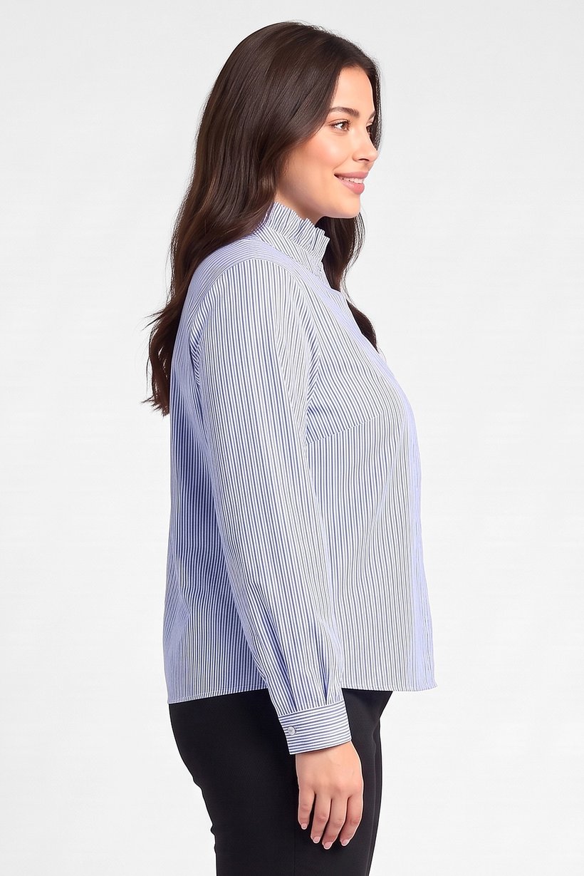 Women High Neck Long Sleeve Stripe Shirt, Light Blue