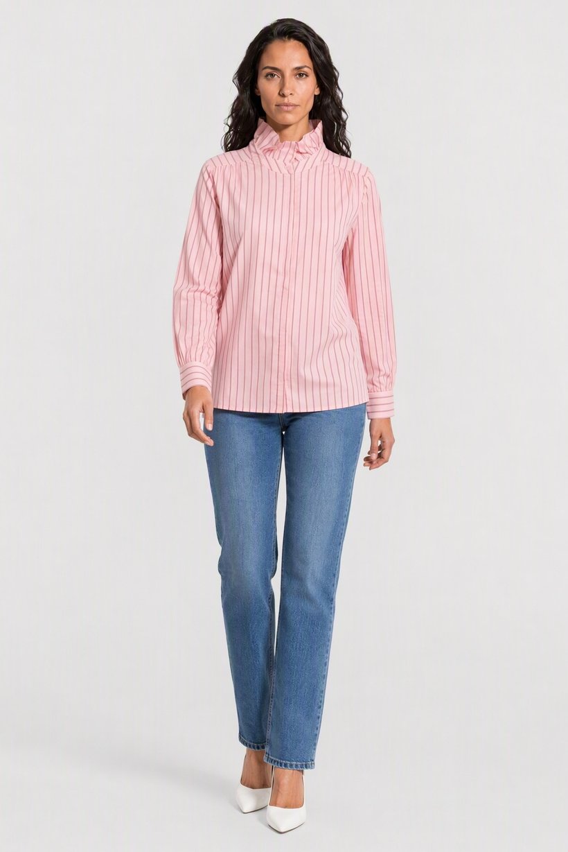 Women High Neck Long Sleeve Stripe Shirt, Pink