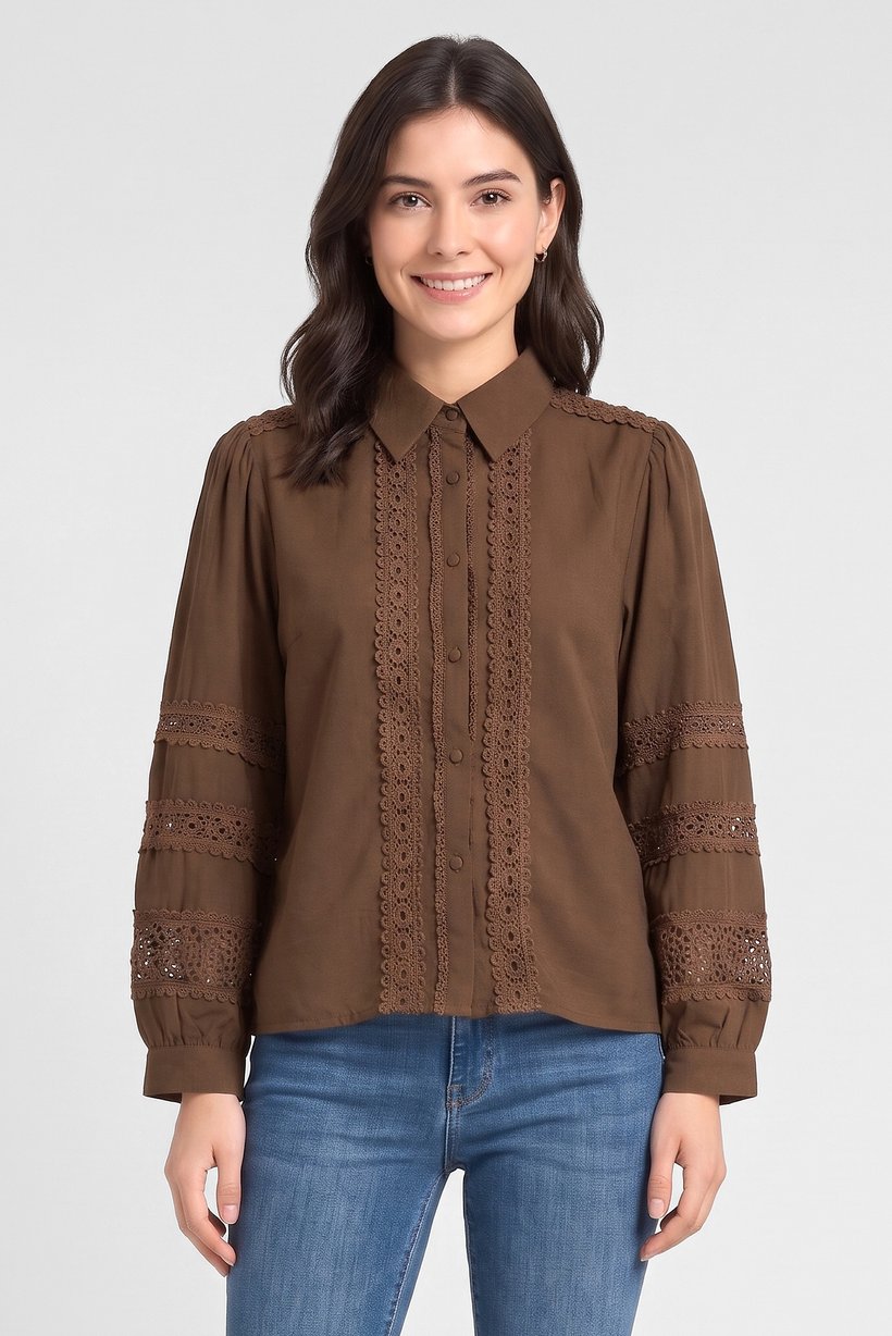 Women Pointed Collar Long Sleeve Embroidered Shirt, Dark Brown