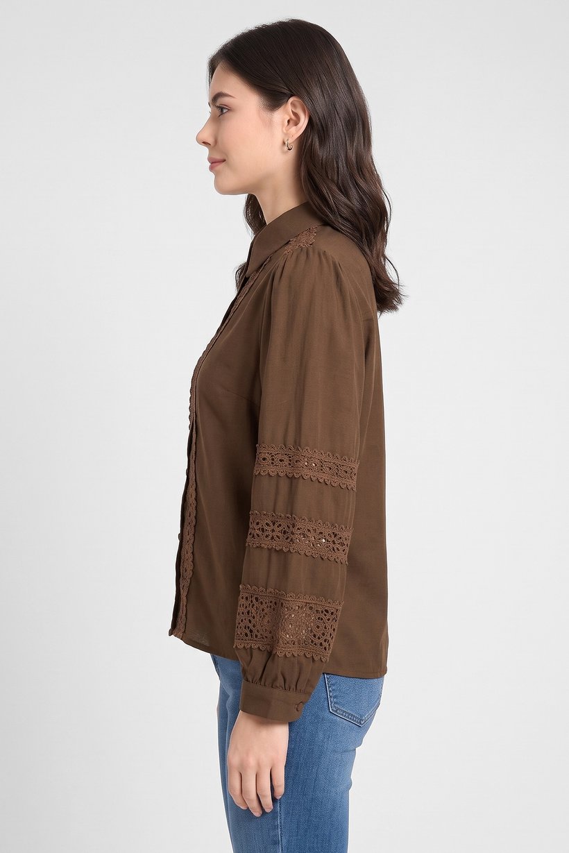 Women Pointed Collar Long Sleeve Embroidered Shirt, Dark Brown
