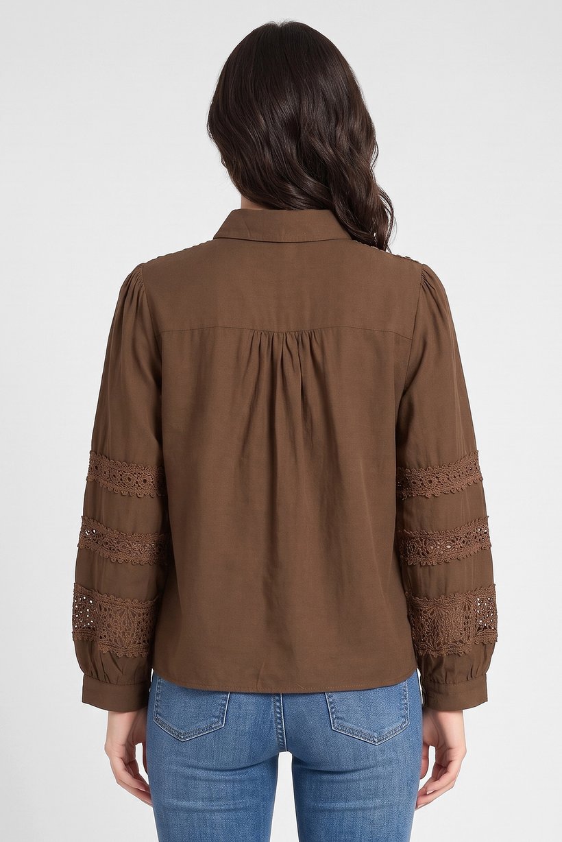 Women Pointed Collar Long Sleeve Embroidered Shirt, Dark Brown
