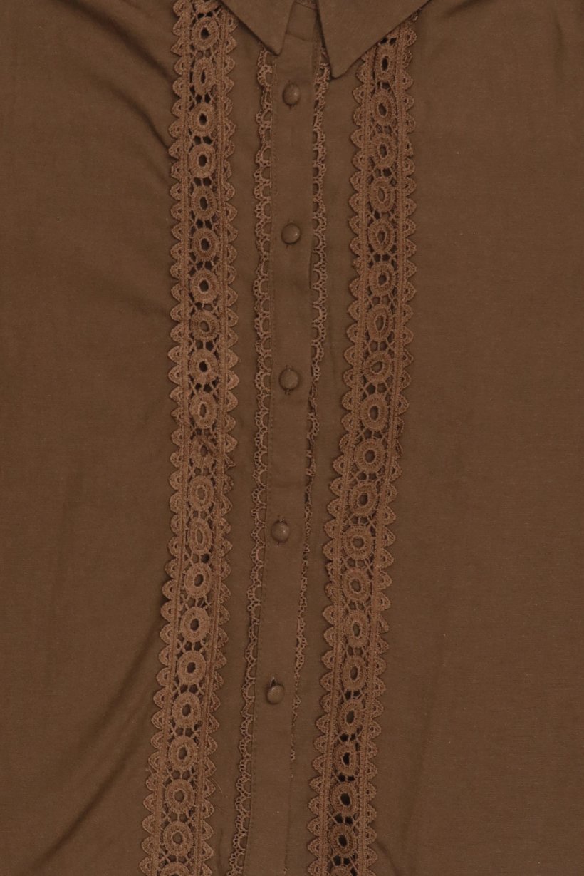 Women Pointed Collar Long Sleeve Embroidered Shirt, Dark Brown