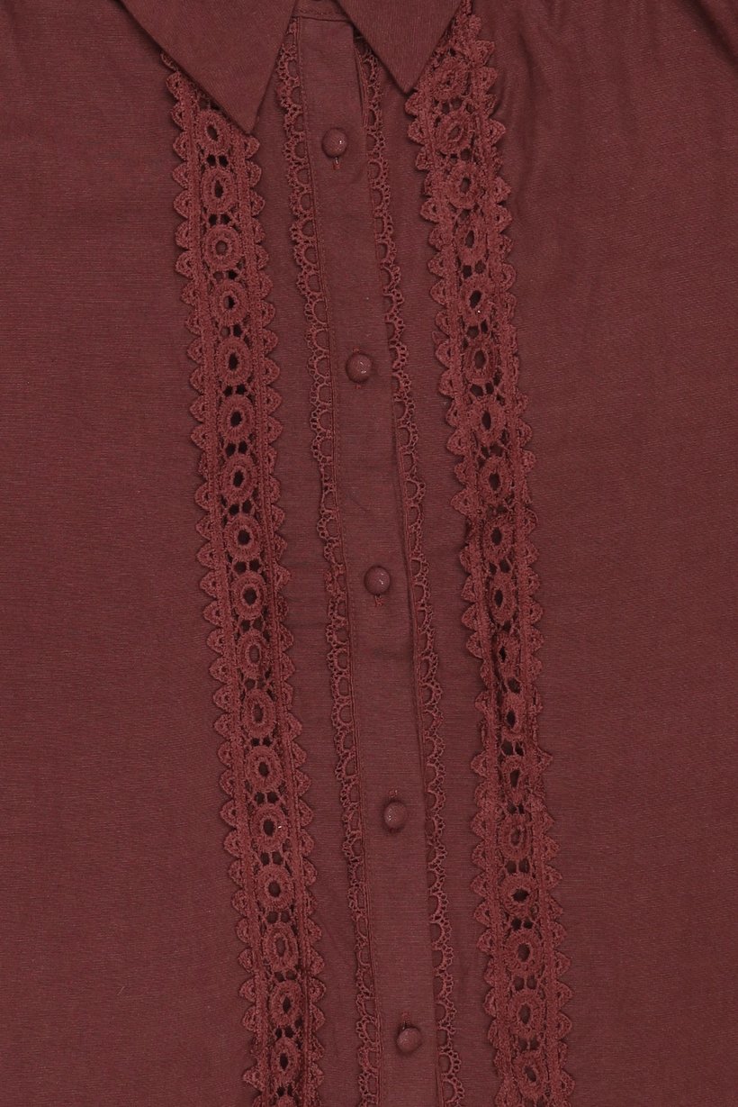 Women Pointed Collar Long Sleeve Embroidered Shirt, Dark Brown