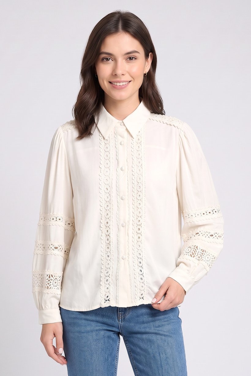 Women Pointed Collar Long Sleeve Shirt, Cream
