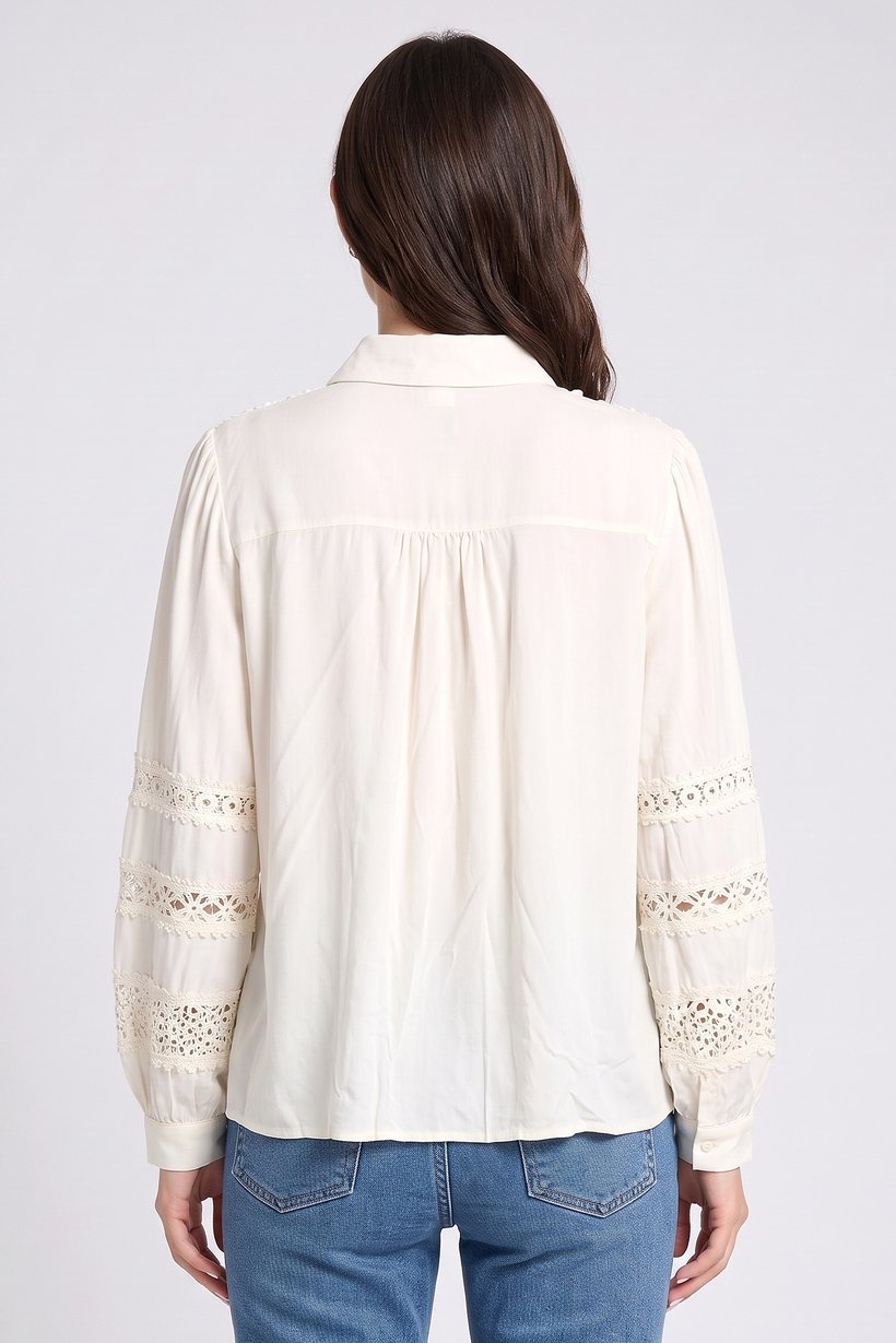 Women Pointed Collar Long Sleeve Shirt, Cream