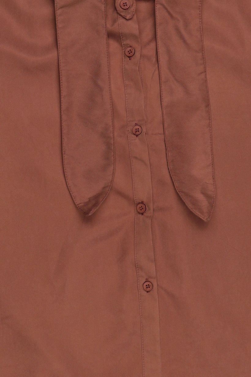Women Tie Neck Long Sleeve Solid Shirt, Brown
