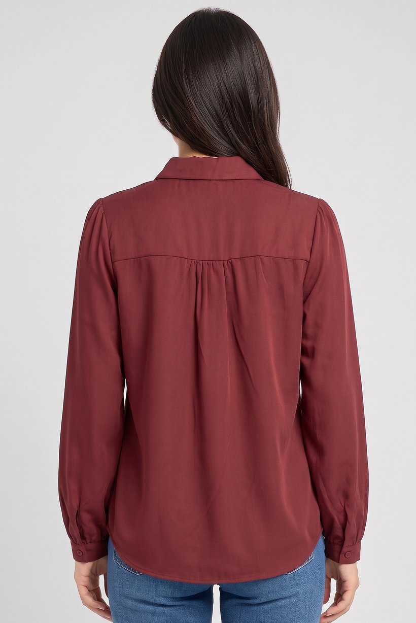 Women Tie Neckline Long Sleeve Solid Shirt, Maroon