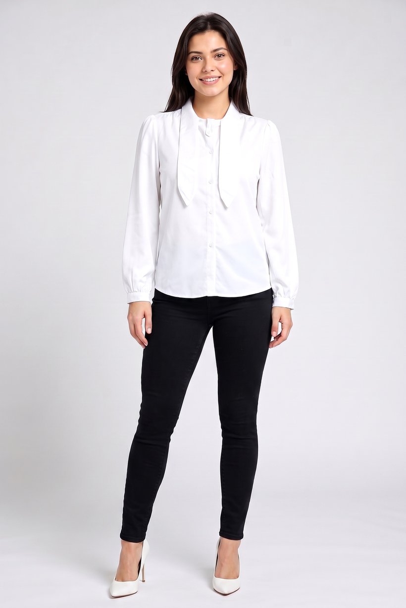 Women Pointed Collar Long Sleeve Solid Blouse, White