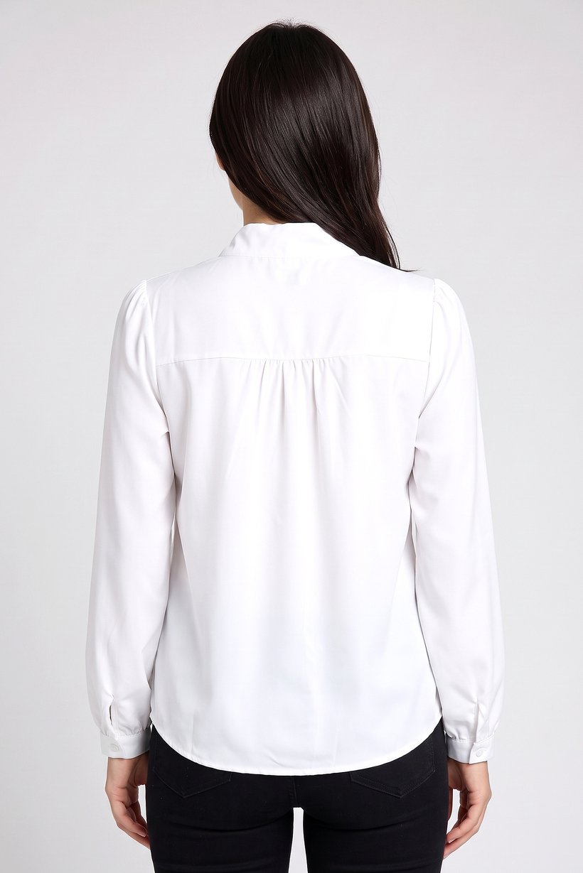 Women Pointed Collar Long Sleeve Solid Blouse, White