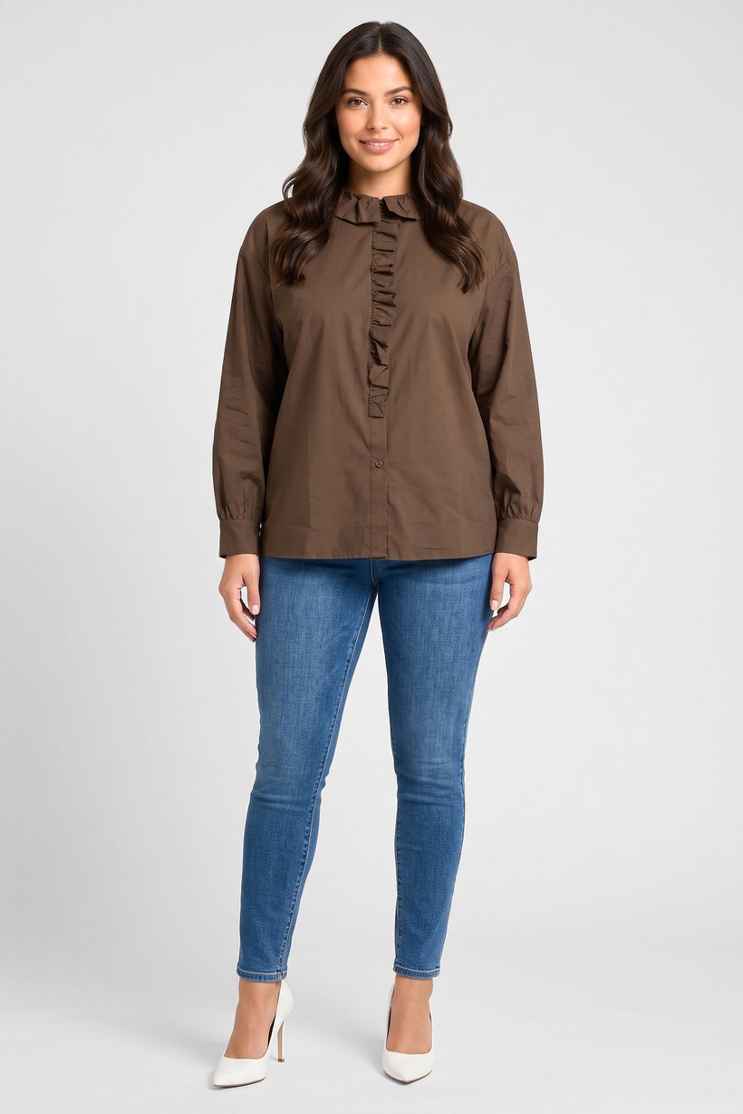 Women Ruffle Neck Long Sleeve Solid Blouse, Brown
