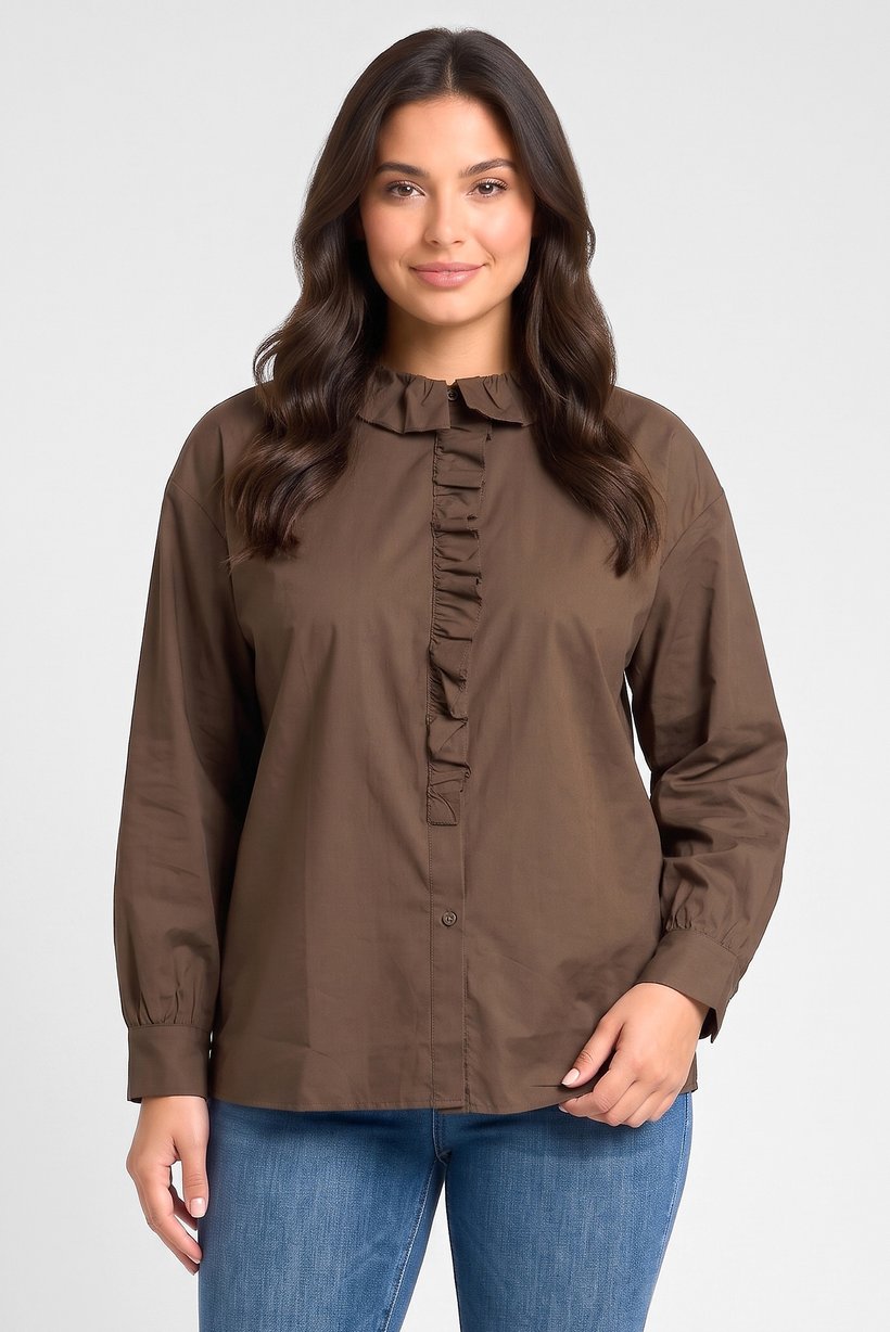 Women Ruffle Neck Long Sleeve Solid Blouse, Brown