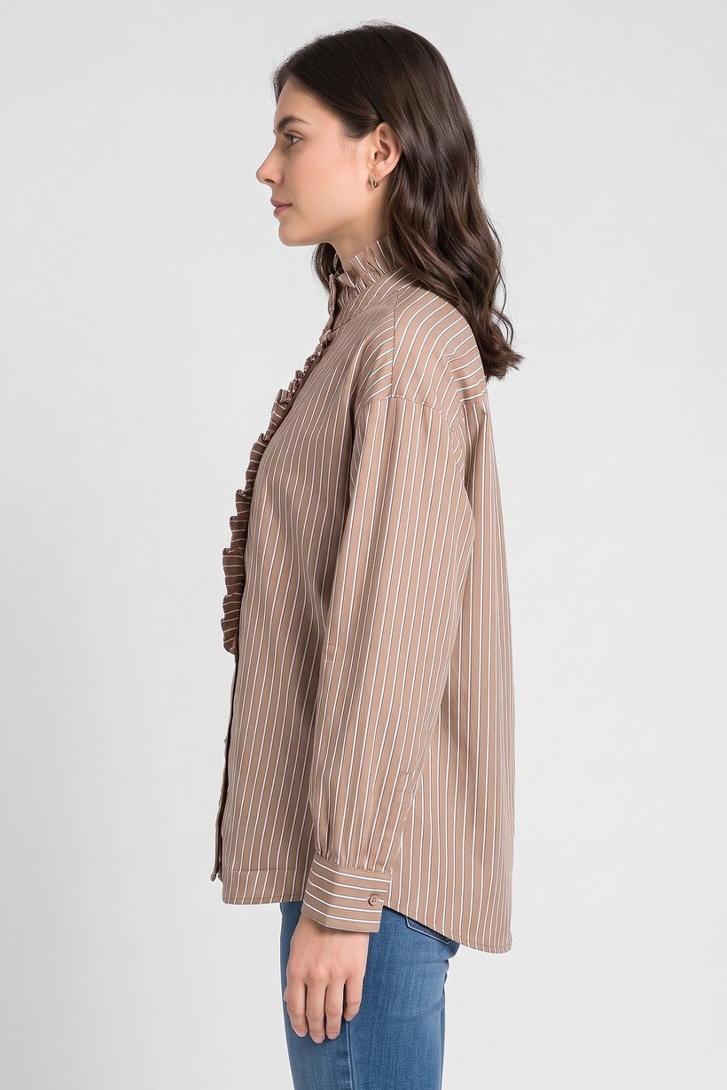Women High Neck Long Sleeve Stripe Shirt, Multicolor