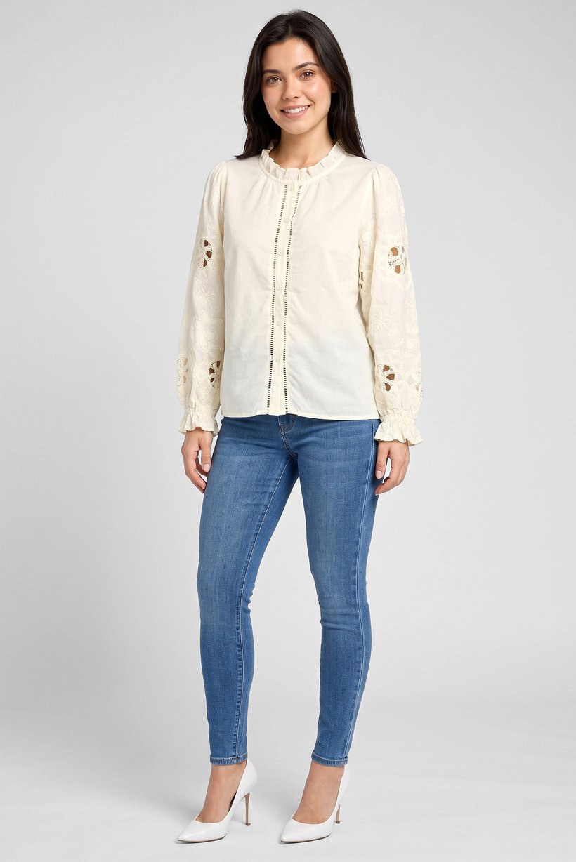 Women Ruffle Neck Long Sleeve Embroidered Shirt, Cream