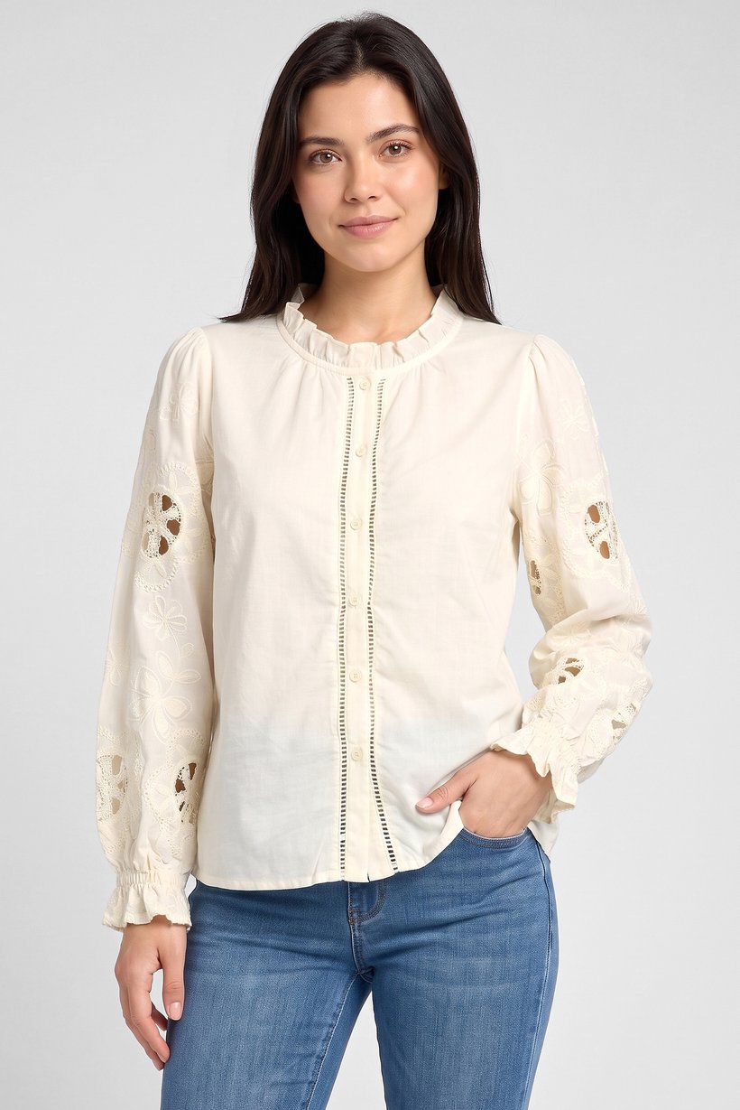 Women Ruffle Neck Long Sleeve Embroidered Shirt, Cream