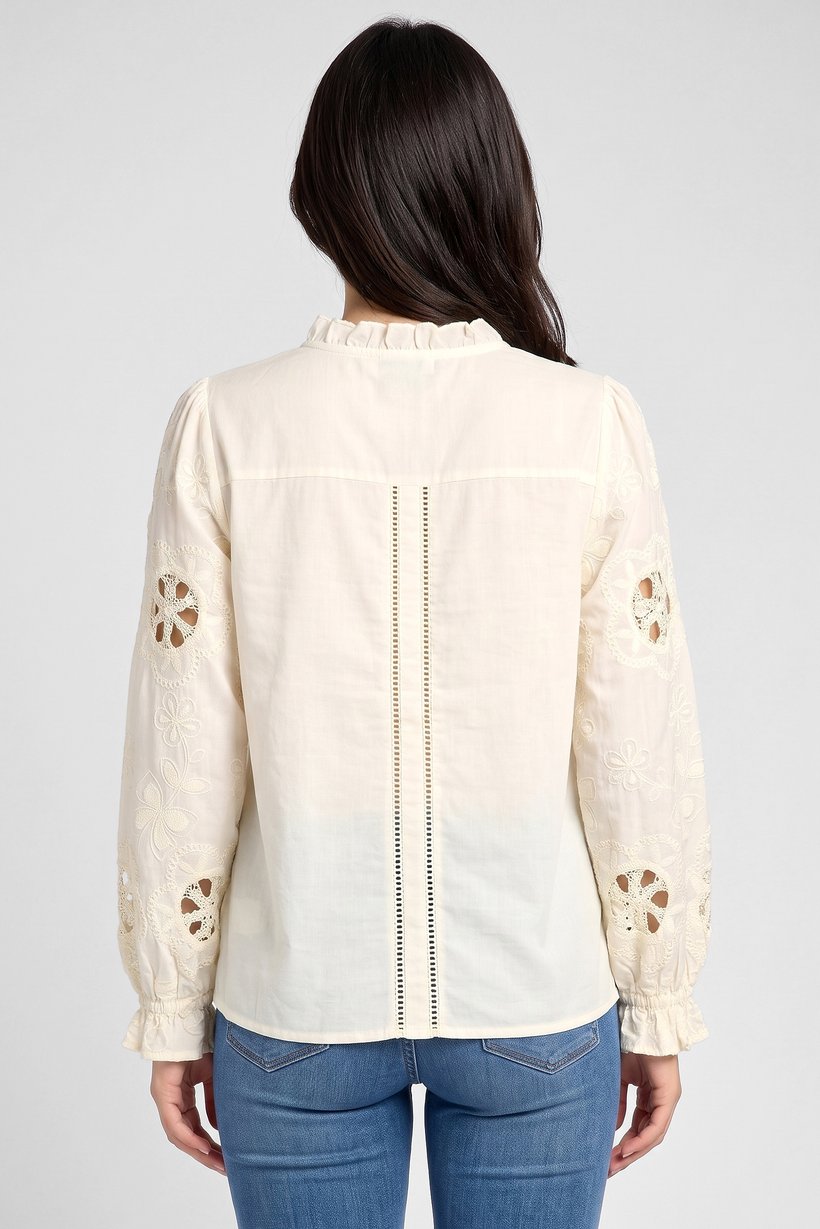 Women Ruffle Neck Long Sleeve Embroidered Shirt, Cream