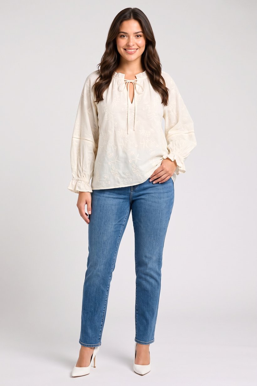Women Tie-Neck Long Sleeve Embroidered Blouse, Beige