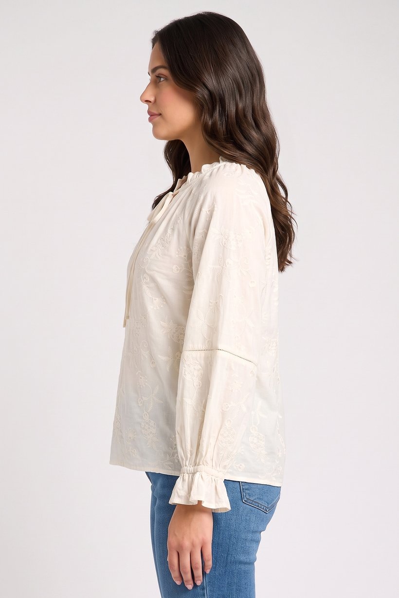 Women Tie-Neck Long Sleeve Embroidered Blouse, Beige